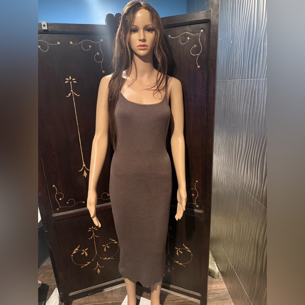 Brown Ribbed Sleeveless Dress